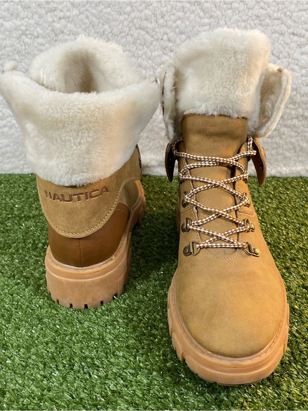 Nautica Maha Fur Combat Boots Women Size 8 Ankle Lace Up Work Style Tan Brown